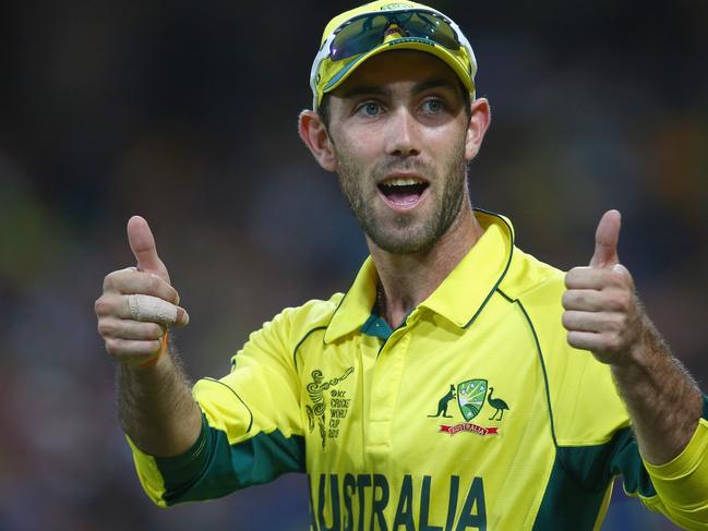 SYDNEY, AUSTRALIA - MARCH 08: Glenn Maxwell of Australia gestures to the crowd during the 2015 ICC Cricket World Cup match between Australia and Sri Lanka at Sydney Cricket Ground on March 8, 2015 in Sydney, Australia. (Photo by Mark Kolbe/Getty Images)