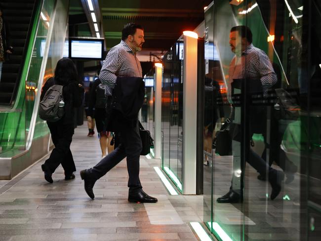 A commuter boards at Tallawong Station. Picture: Richard Dobson