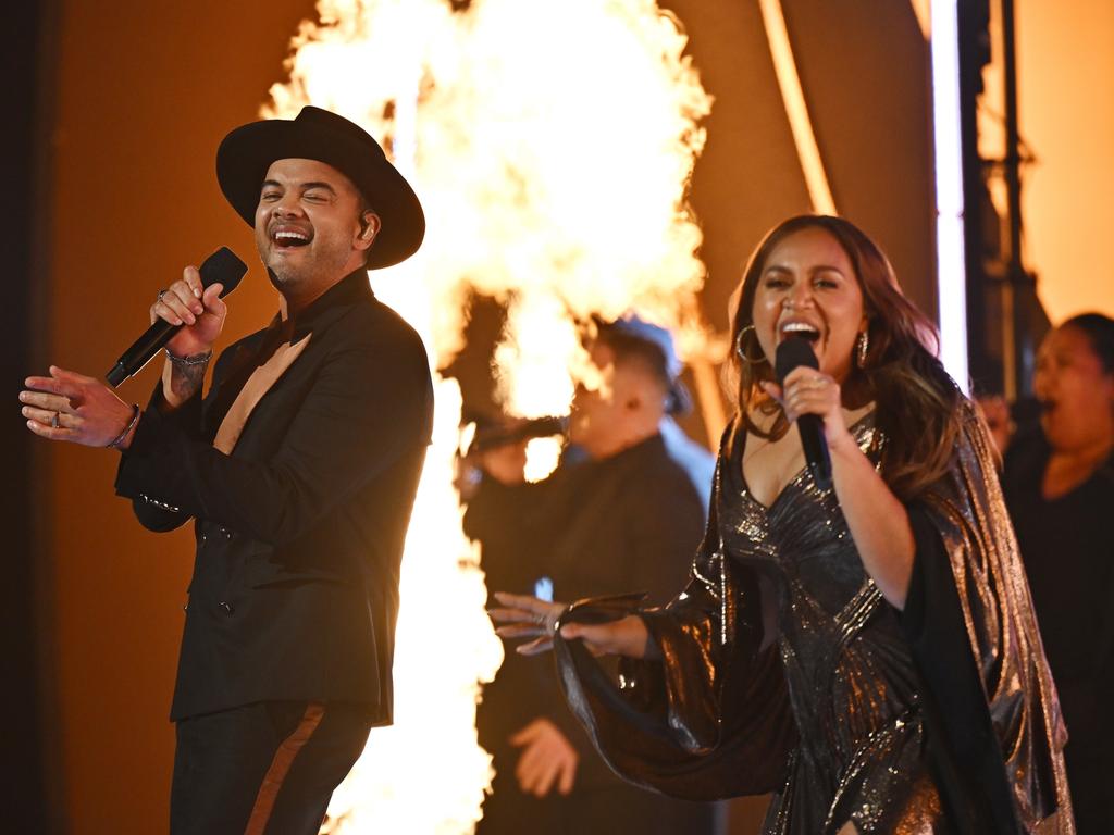 Guy Sebastian and Jessica Mauboy perform a tribute to John Farnham at the Logie Awards. Picture: Getty Images