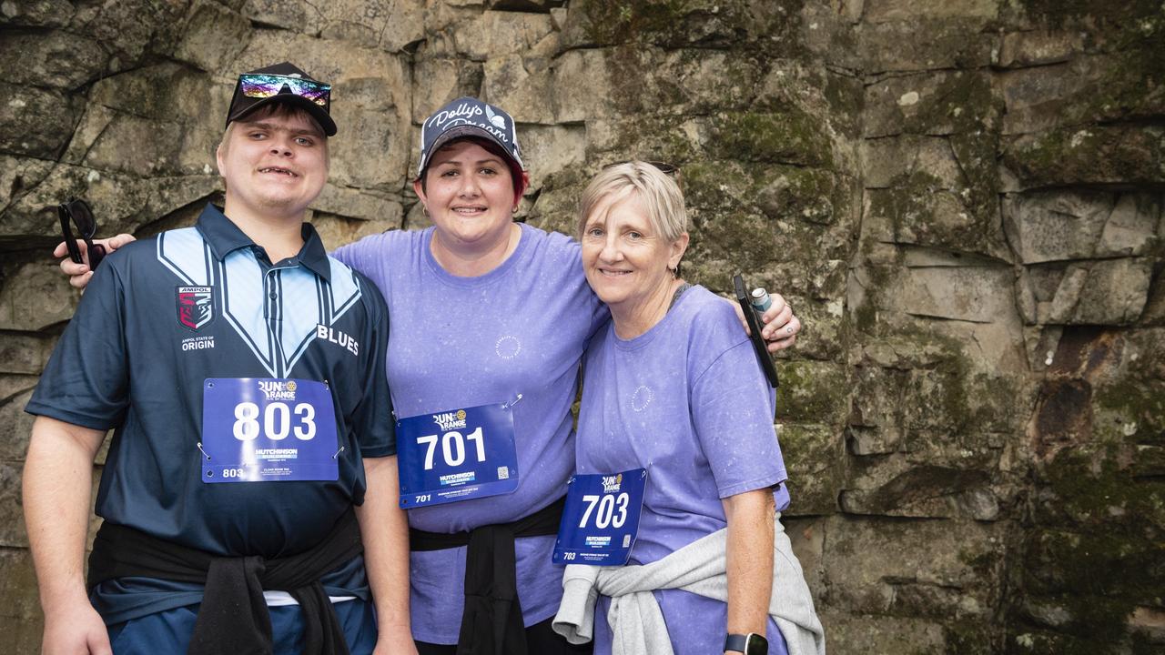 On the trail are (from left) Bradley Hindmarsh, Zoey Harper and Teena Lees at Run the Range Milne Bay Challenge hosted by Toowoomba Metropolitan Rotary Club, Sunday, May 7, 2023. Picture: Kevin Farmer