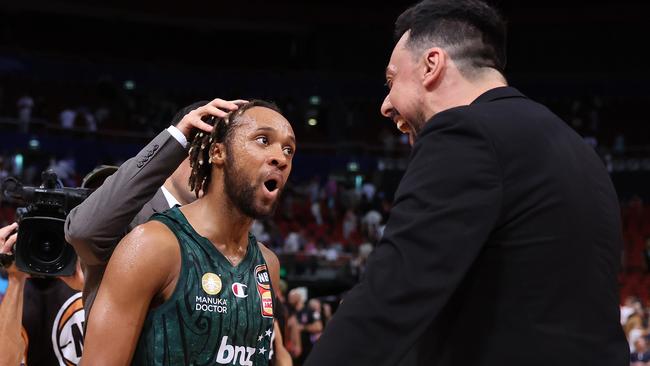 Parker Jackson-Cartwright of the NZ Breakers celebrates with coach Mody Maort after victory in the NBL Play-In Qualifier match. (Photo by Mark Metcalfe/Getty Images)