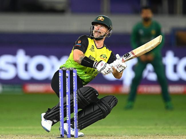 DUBAI, UNITED ARAB EMIRATES - NOVEMBER 11: Matthew Wade of Australia of bats during the ICC Men's T20 World Cup semi-final match between Pakistan and Australia at Dubai International Stadium on November 11, 2021 in Dubai, United Arab Emirates. (Photo by Alex Davidson/Getty Images)