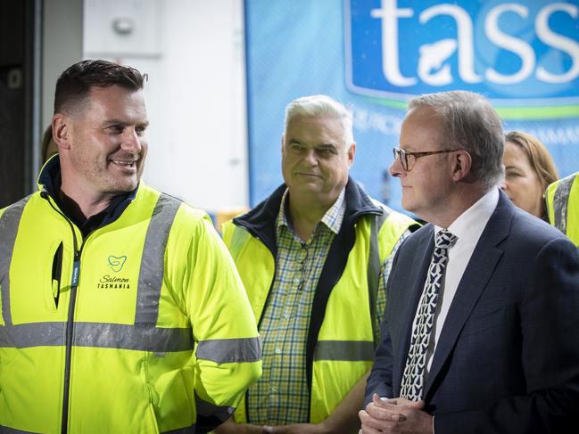 Prime Minister Anthony Albanese and Salmon Tasmania CEO Luke Martin after touring the Tassal processing facility at Barretta. Picture: Chris Kidd