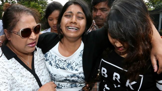 Brintha Sukumaran broke down at Nusakambangan Port where she visited her brother, one of the Bali Nine, on the day he was executed. Picture: Adam Taylor