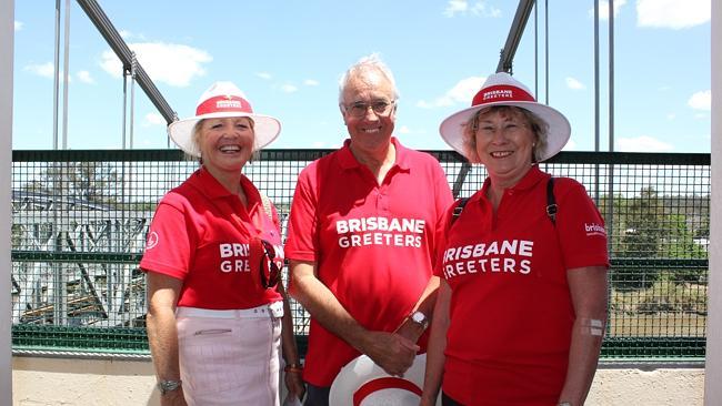 Brisbane Greeter volunteers Margaret-Anne Jenson (Tivoli), Geoff Dickson (The Gap) and Bernadette Muggeridge (Grange) take to...