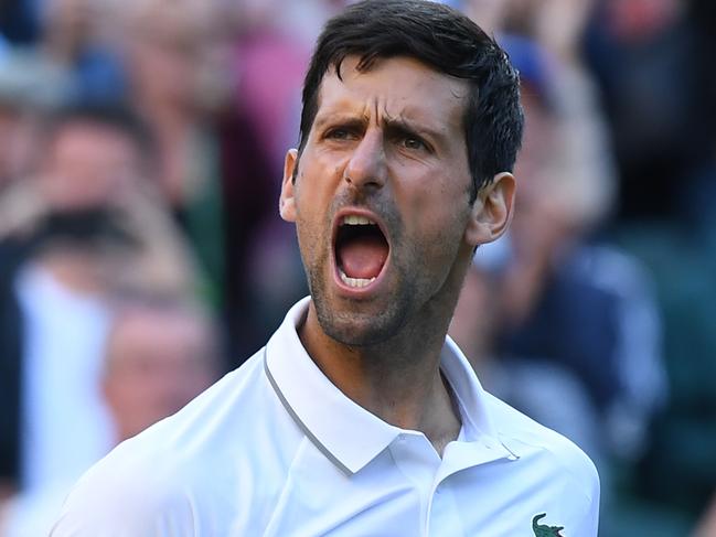 Serbia's Novak Djokovic celebrates beating US player Denis Kudla during their men's singles second round match on the third day of the 2019 Wimbledon Championships at The All England Lawn Tennis Club in Wimbledon, southwest London, on July 3, 2019. (Photo by Ben STANSALL / AFP) / RESTRICTED TO EDITORIAL USE