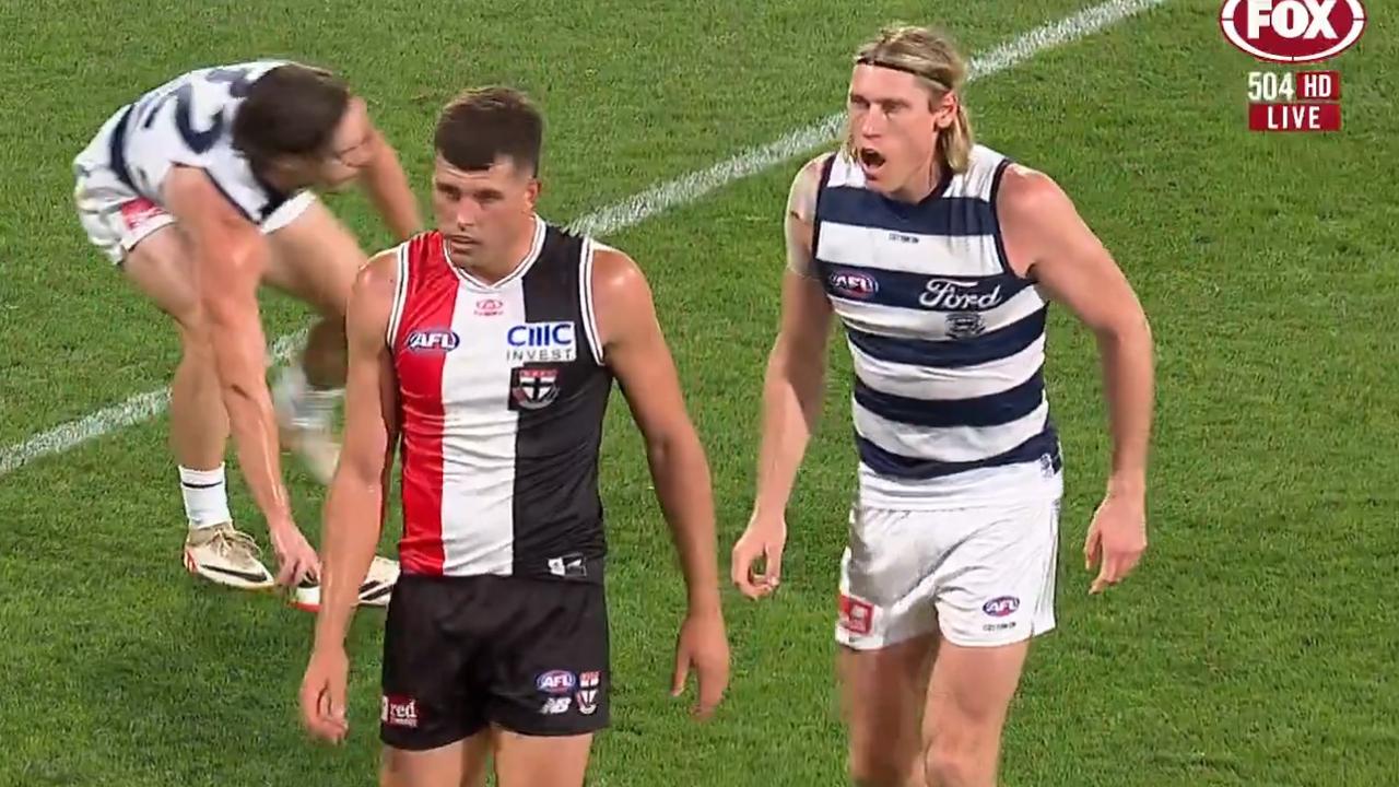 Gryan Miers throws Rowan Marshall's boot away. Photo: Fox Footy.