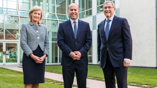 Treasurer Josh Frydenberg with new ASIC Chair Joe Longo and Deputy Sarah Court. Ms Court has warned insurers to double check their advertised discounts are being passed on to customers.