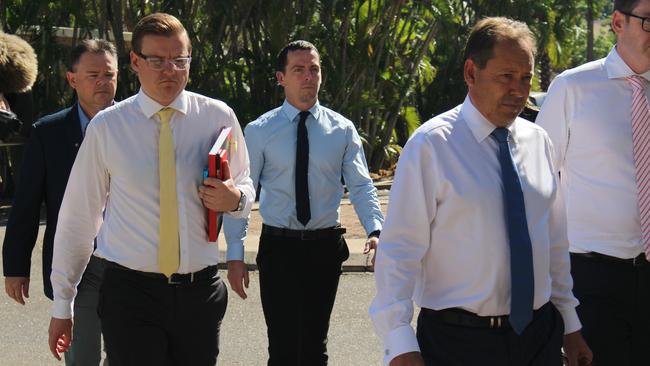 Zach Rolfe and his legal team arrive at the Supreme Court in Darwin on July 21 ahead of his trial for the alleged murder of Yuendumu teenager Kumanjayi Walker. Picture: Jason Walls