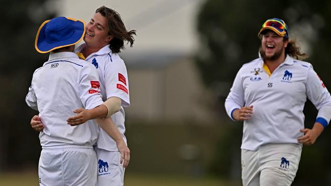 Grand United’s Ben Doll celebrates a wicket. Picture: Andy Brownbill