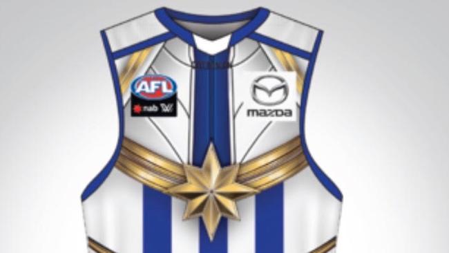 A sneak peak at how the AFLW jumpers will look to promote the next Marvel movie.