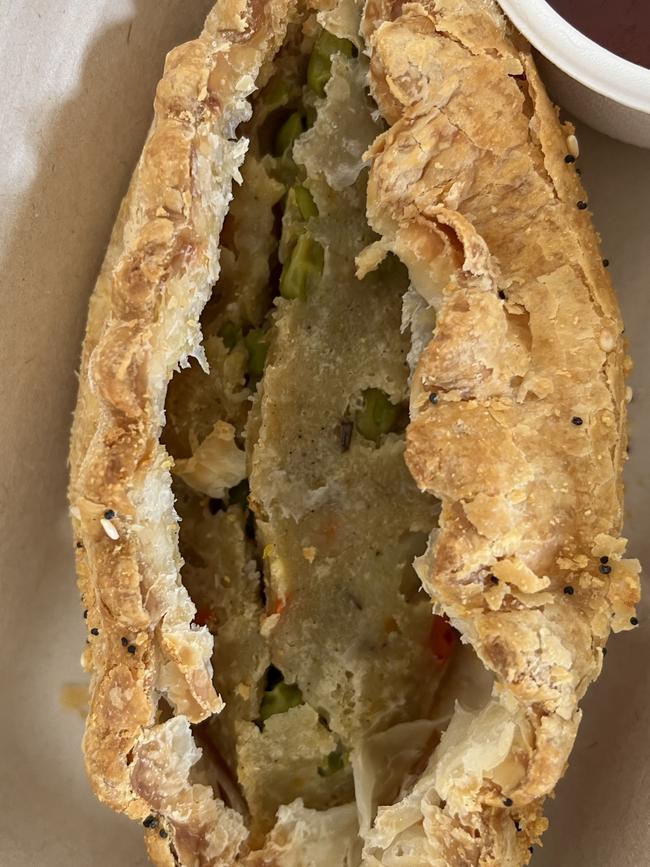 Sue’s late husband was served this unappetising vegetarian pasty served in an aged care home. Picture: Supplied