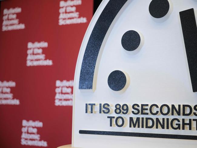 WASHINGTON, DC - JANUARY 28: The 2025 Doomsday Clock time is displayed after the time reveal held by The Bulletin of the Atomic Scientists at the United States Institute of Peace on January 28, 2025 in Washington, DC. The Doomsday Clock, currently the nearest it has been to midnight at 89 seconds, is a symbol for how close humanity is to a âglobal catastropheâ.   Kayla Bartkowski/Getty Images/AFP (Photo by Kayla Bartkowski / GETTY IMAGES NORTH AMERICA / Getty Images via AFP)