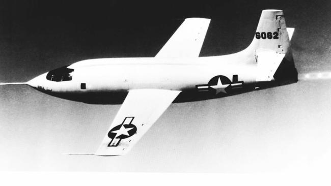 The Bell Aircraft Corporation X-1 (originally called the “Exprimental Supersonic” XS-1) aeroplane that Chuck Yeager flew to shatter the sound barrier.