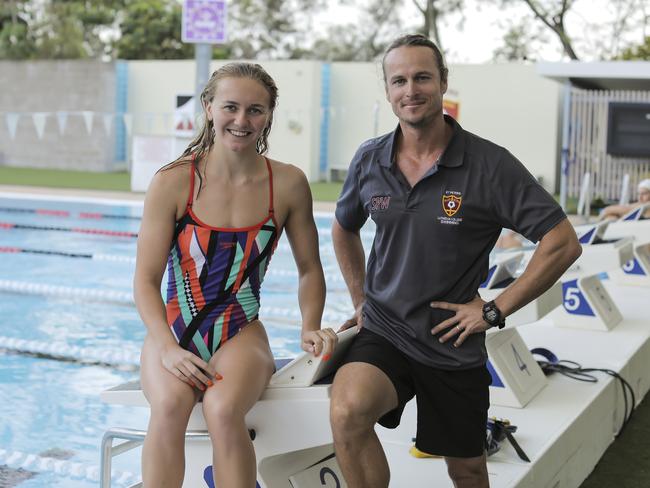 ******SUNDAY MAIL USE ONLY******* Swim star Ariarne Titmus with her coach Dean Boxall at St Peters Indooroopilly. Pic Mark Cranitch.