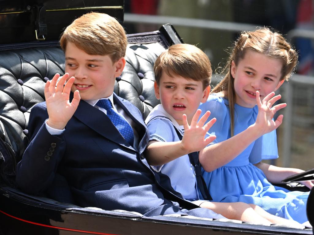 LONDON, ENGLAND - JUNE 02: Prince George, Prince Louis and Princess Charlotte in the carriage procession at Trooping the Colour during Queen Elizabeth II Platinum Jubilee on June 02, 2022 in London, England. The Platinum Jubilee of Elizabeth II is being celebrated from June 2 to June 5, 2022, in the UK and Commonwealth to mark the 70th anniversary of the accession of Queen Elizabeth II on 6 February 1952. Trooping The Colour, also known as The Queen's Birthday Parade, is a military ceremony performed by regiments of the British Army that has taken place since the mid-17th century. It marks the official birthday of the British Sovereign. This year, from June 2 to June 5, 2022, there is the added celebration of the Platinum Jubilee of Elizabeth II  in the UK and Commonwealth to mark the 70th anniversary of her accession to the throne on 6 February 1952. (Photo by Karwai Tang/WireImage)