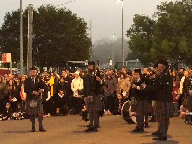 Hawkesbury Nepean Valley Pipe Band at last year’s Anzac Day dawn service at Riverstone. Picture: John Bilic