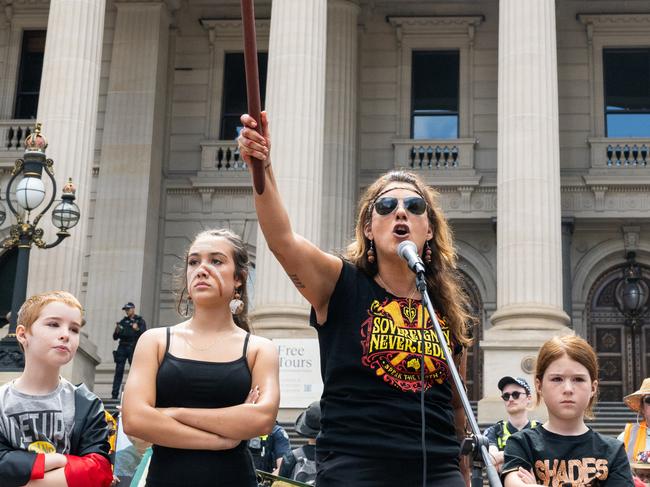 Greens Senator Lidia Thorpe waved a ‘war stick’. Picture: Getty