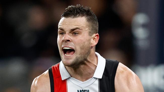 MELBOURNE, AUSTRALIA - AUGUST 6: Brad Crouch of the Saints in action during the 2023 AFL Round 21 match between the St Kilda Saints and the Carlton Blues at Marvel Stadium on August 6, 2023 in Melbourne, Australia. (Photo by Michael Willson/AFL Photos via Getty Images)