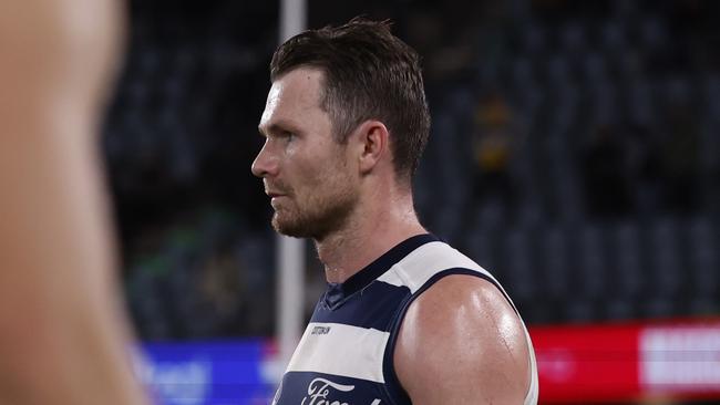 Geelong captain Patrick Dangerfield looks on after an upset 18-point loss to St Kilda on Saturday night. Picture: Darrian Traynor / Getty Images