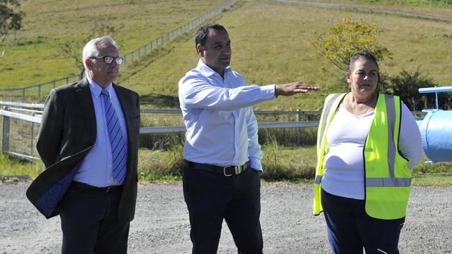 Clarence Valley Deputy Mayor George Cecato, Coffs Harbour MP Gurmesh Singh and Coramba Rd property owner Allison Lipman. The NSW Government will spend almost $900,000 fixing a notorious stretch of Coramba road at Karangi after residents spoke out about the black spot. Photo: Tim Jarrett