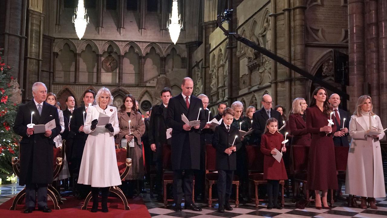 (Front row left to right) King Charles III, Camilla, Queen Consort, Prince William, Prince George, Princess Charlotte, Catherine, Princess of Wales and Sophie, Countess of Wessex during the 'Together at Christmas' Carol Service at Westminster Abbey on December 15, 2022. Picture: Getty Images