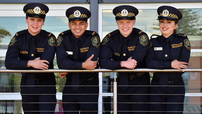 The protective security officers enlisted to help relieve police of their Covid duties include Matthew, Arbab, Tim and Dimple. Picture: SAPOL