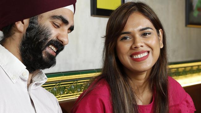 Aanchal (right) and Parneet Bhatia enjoying the food at Chatkazz Bella Vista, chosen as the best Indian food in Western Sydney. Picture: Jonathan Ng