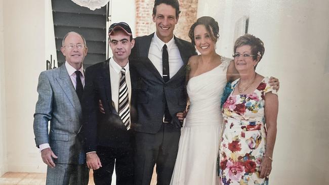 Ali Clarke with husband Matt, Rod and Mary Carle (stepdad and mum) and brother Nick. Picture: Supplied