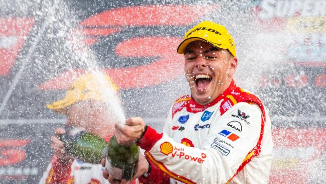 BATHURST, AUSTRALIA - OCTOBER 13: Scott McLaughlin driver of the #17 Shell V-Power Racing Team Ford Mustang celebrates after winning the Bathurst 1000 on October 13, 2019 in Bathurst, Australia. (Photo by Daniel Kalisz/Getty Images) *** BESTPIX ***