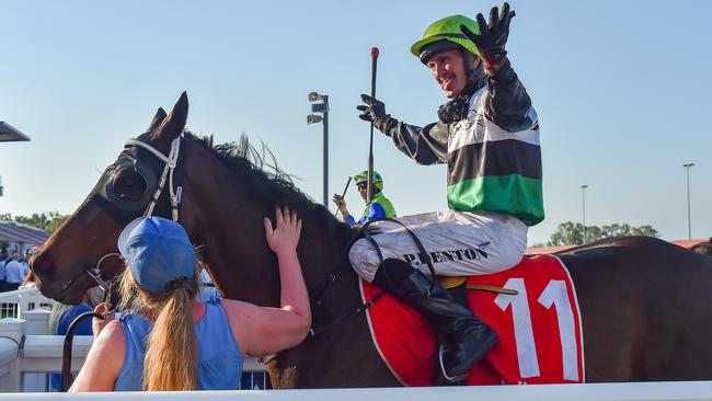 Jockey Paul Denton won the 2023 Darwin Derby with the Kerry Petrick trained Anphina. Picture: Caroline Camilleri