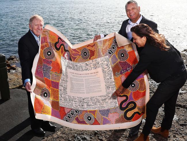 13/6/18: Rachel Perkins, former High Court judge Michael Kirby and Uphold and Recognise chairman Sean Gordon with the Uluru Statement at Mrs Macquarie's Chair in Sydney. This is for a story ahead of Justice Kirby launching U&R's series of policy documents outlining a proposal for voice to parliament legislation and other details which Malcolm Turnbull said were lacking in original proposal. John Feder/The Australian