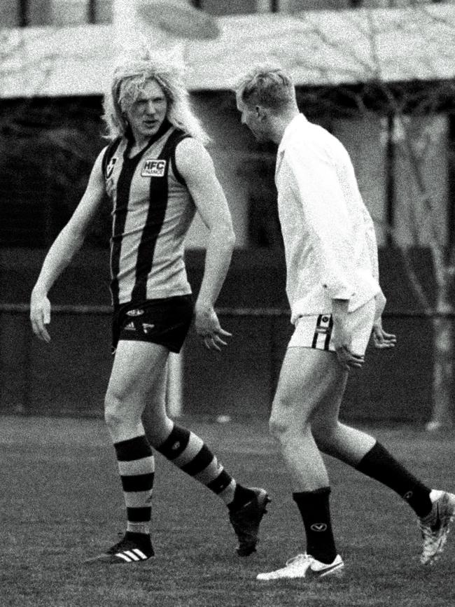 Hawthorn’s James Sicily is almost a dead ringer for Hawthorn legend Dermott Brereton. 