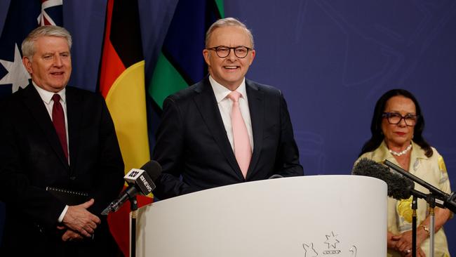 SYDNEY, AUSTRALIA - NewsWire Photos JULY 25, 2024: Prime Minister Anthony Albanese with retiring Ministers Linda Burney and Brendan OÃConnor during a press conference on Thursday. Picture: NewsWire / Nikki Short