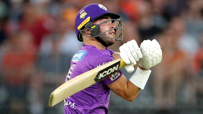 Caleb Jewell of the Hurricanes bats during the Big Bash League (BBL) cricket match between the Perth Scorchers and Hobart Hurricanes at Optus Stadium in Perth, Sunday, January 5, 2020. (AAP Image/Richard Wainwright)