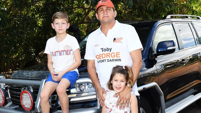 Toby George with children Henry, 8, and Milly, 6, were driving down Tiger Brennan Dr when people threw a rock at his car narrowly avoiding his daughter Milly. Picture Katrina Bridgeford.