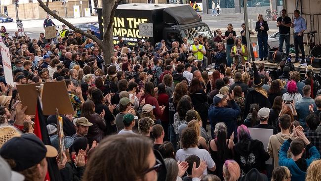 Premier Peter Malinauskas (blue shirt top right) at the Save the Cranker rally on the steps of parliament on Sunday. Picture: Instagram / @pmalinauskasmp