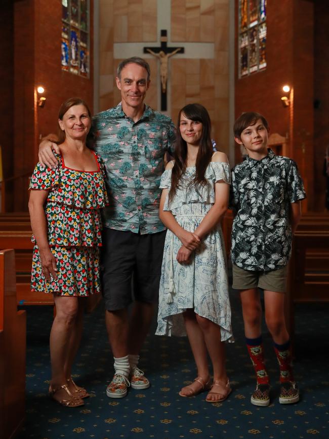 Barbara Godlewski and Bruce Stewart, with their children Eloise Godlewski and Sascha Stewart at St Aloysius Catholic Church, Cronulla.Picture: Justin Lloyd