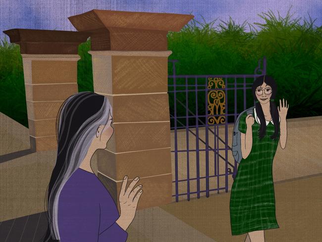 16 January 2025; An illustration of a mother waving goodbye to her private school going daughter. Illustration by Emilia Tortorella. Ratio 16:9 FOR PRINT.