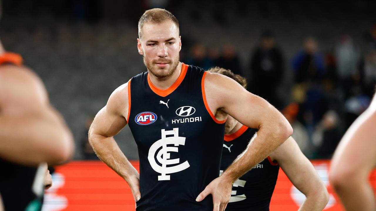 MELBOURNE, AUSTRALIA - MAY 05: Harry McKay of the Blues looks dejected after a loss during the 2023 AFL Round 08 match between the Carlton Blues and the Brisbane Lions at Marvel Stadium on May 5, 2023 in Melbourne, Australia. (Photo by Dylan Burns/AFL Photos via Getty Images)