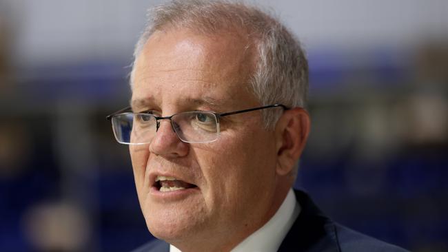 DAILY TELEGRAPH, APRIL 06, 2022: Prime Minister Scott Morrison pictured speaking to media on his visit to NuPress in Cardiff In Newcastle. Picture: Damian Shaw