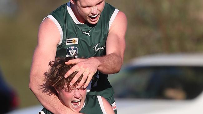 Echuca players celebrate a goal last season. Picture Yuri Kouzmin