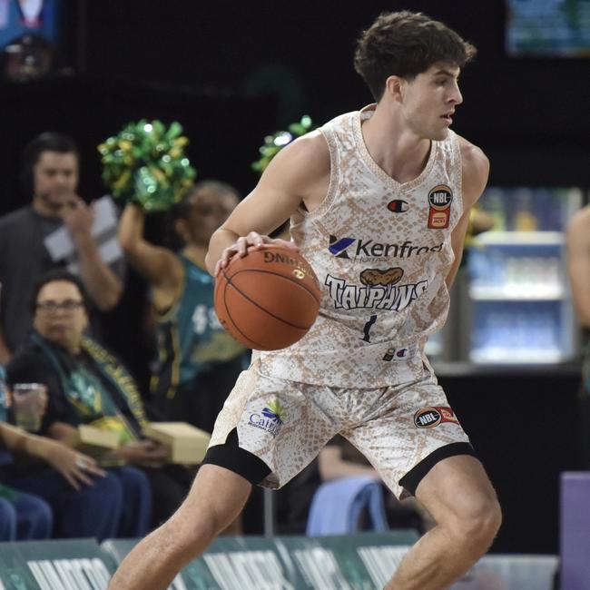 HOBART, AUSTRALIA - FEBRUARY 08: Taran Armstrong of the Taipans dribble the ball during the round 20 NBL match between Tasmania Jackjumpers and Cairns Taipans at MyState Bank Arena, on February 08, 2025, in Hobart, Australia. (Photo by Simon Sturzaker/Getty Images)