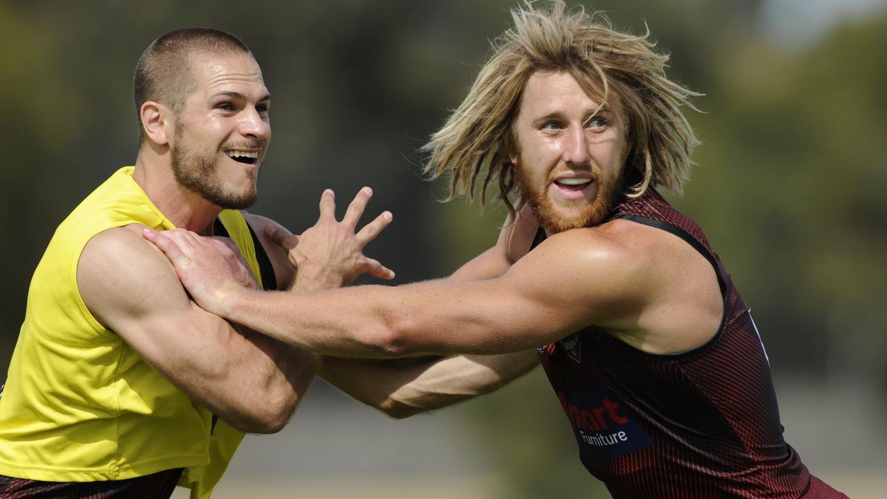 Dyson Heppell (right) outpoints David Zaharikis at pre-season training. Picture: Alan Barber