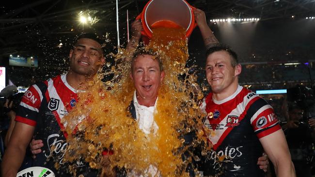 Roosters coach Trent Robinson cops a ‘Gatorade shower’ after winning the 2019 NRL Grand Final. Picture: Brett Costello