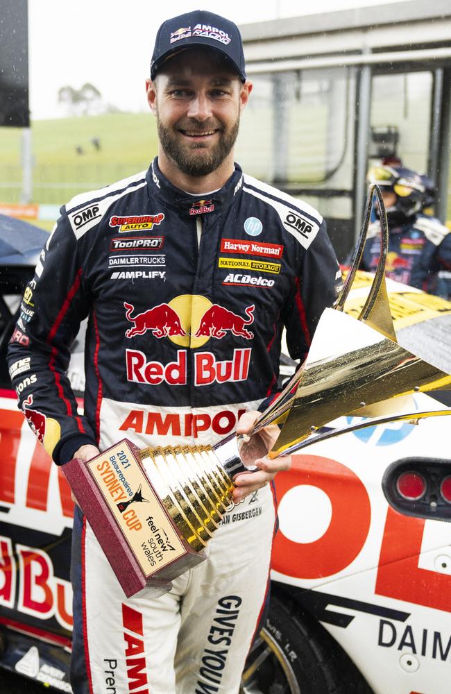 Shane van Gisbergen with the Sydney Cup after racing was abandoned at Sydney Motorsport Park. Picture: Getty Images