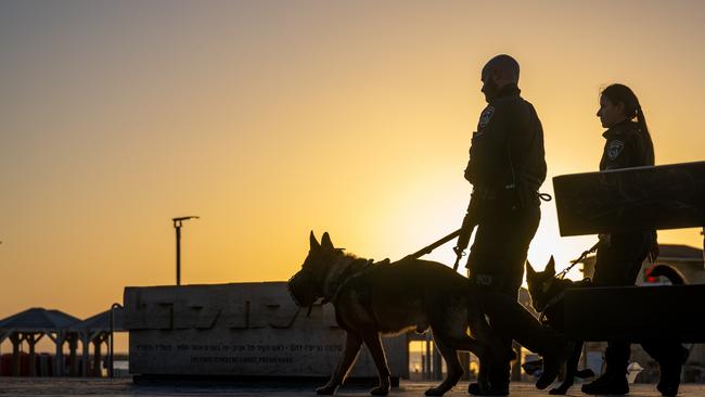 There is not a tourist in sight at Tel Aviv’s famous beach as Israeli police K9 units patrol the area. Picture: @ani_digital