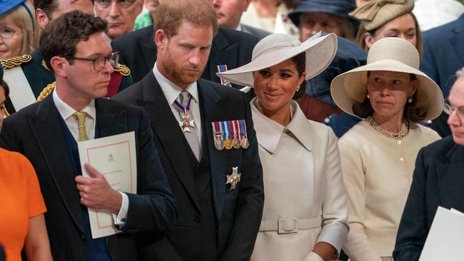 The “nervous” Sussexes joined William, Kate and other royals at St Paul’s Cathedral for their first official event since Megxit. Picture: ARTHUR EDWARDS / POOL / AFP.