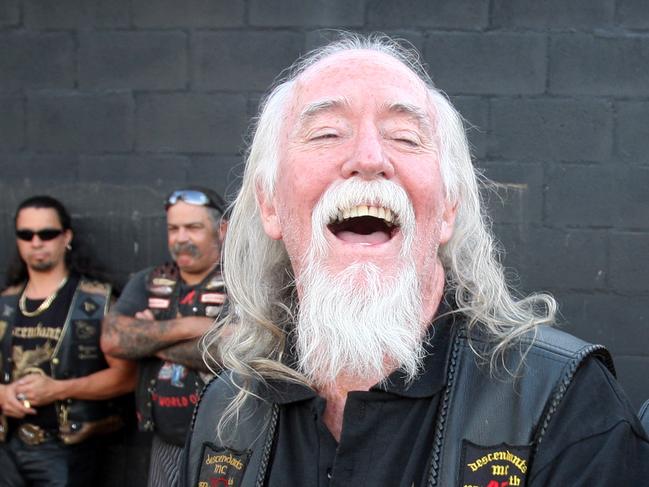 Descendants bikie gang leader Tom Mackie (l) at meeting of Hells Angels, Gypsy Jokers, Rebels and Finks bikie gangs at Descendants Motorcycle Club headquarters.