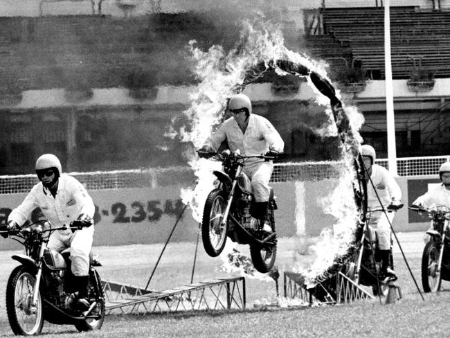 1975: Police motorcyclists jump through a ring of fire at the Sydney Royal Easter Show. File picture